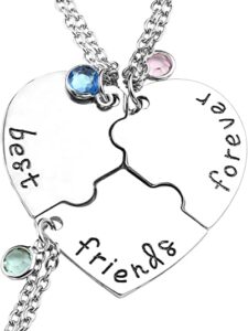 Top Plaza Silver Tone Alloy Rhinestone Best Friends Forever and Ever BFF Necklace Engraved Puzzle Friendship Pendant Necklaces Set